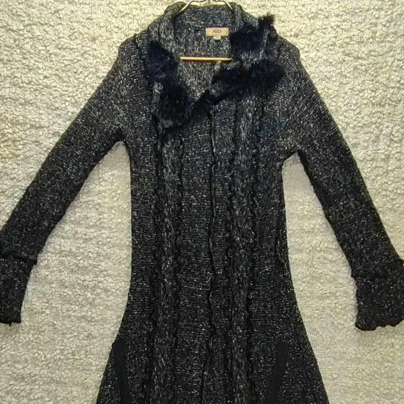 Vintage Hendi Ruffle Sweater Cardigan Faux Fur Trench Wool Belt - Picture 2 of 16